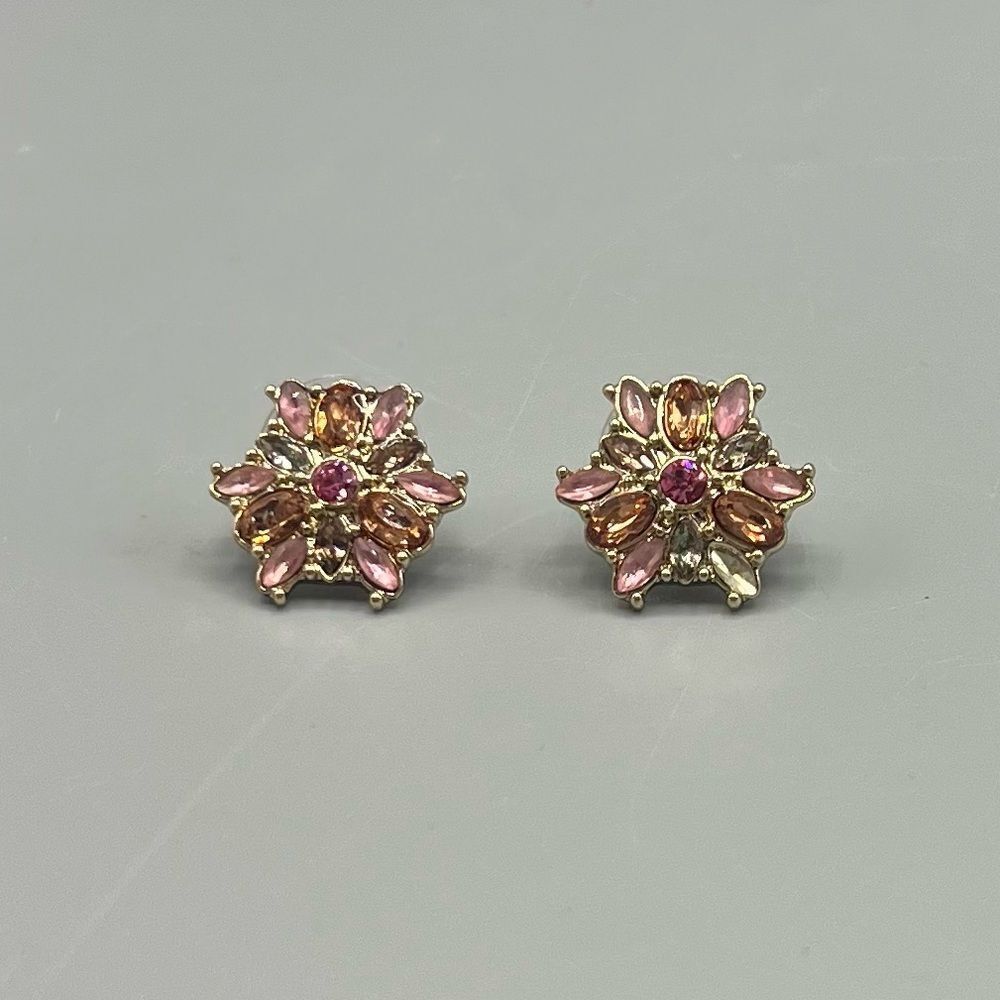 J. Crew Pink and Brown Rhinestone Floral Stud Earrings